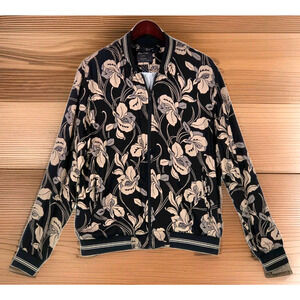 Porter & Ash Floral Bomber Jacket Black Tan Hibiscus FullZip Inner Pockets Large